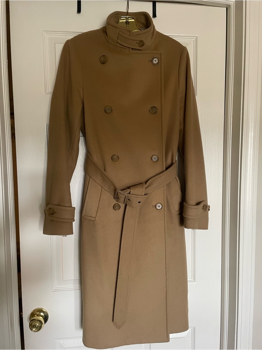 Vince Wool & Cashmere Classic Double Breasted and Funnel Neck Camel Trench Coat